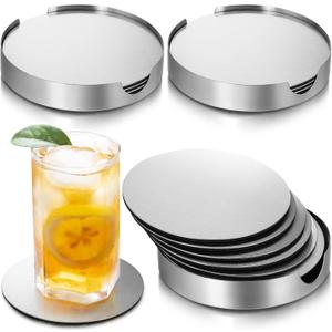 Hiceeden 18 Pack 4 Inch Stainless Steel Coasters, Round Silver Modern Coaster with 3 Holder, Rubber Foam Anti-Slip Bottom Coasters for Outdoor, Kitchen, Bar