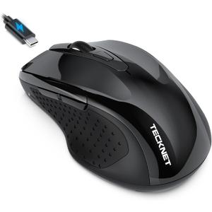 TECKNET Rechargeable Jiggler Wireless Mouse (BT5.0/3.0 & 2.4G) 4800 DPI Silent USB A & Bluetooth Mouse 6 Buttons, Wide Compatibility - Black