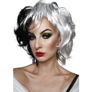 ALLAURA Wigs Cruella Costume Wig Black White Dalmation Cosplay Wigs Fits Women Peluca Cruella Devil Mujer