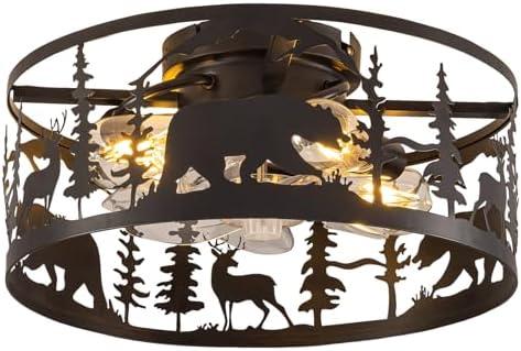 Farmhouse Caged Ceiling Fans with Lights and Remote Control,Rustic Black Chandelier Fan with Bear Deer Design,Flush Mount Low Profile Fandelier for Bedroom,Dining Living Room,Foyer
