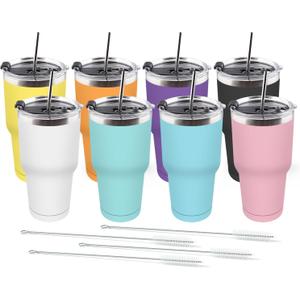 Amtidy 8 Pack 30oz Travel Mug, Powder Coated Stainless Steel Vacuum Double Wall Bulk Tumbler, Durable Insulated Coffe Cup with Splash Proof Lids straw and cleaning brushfor Home, Office, Party (Assorted Colors)