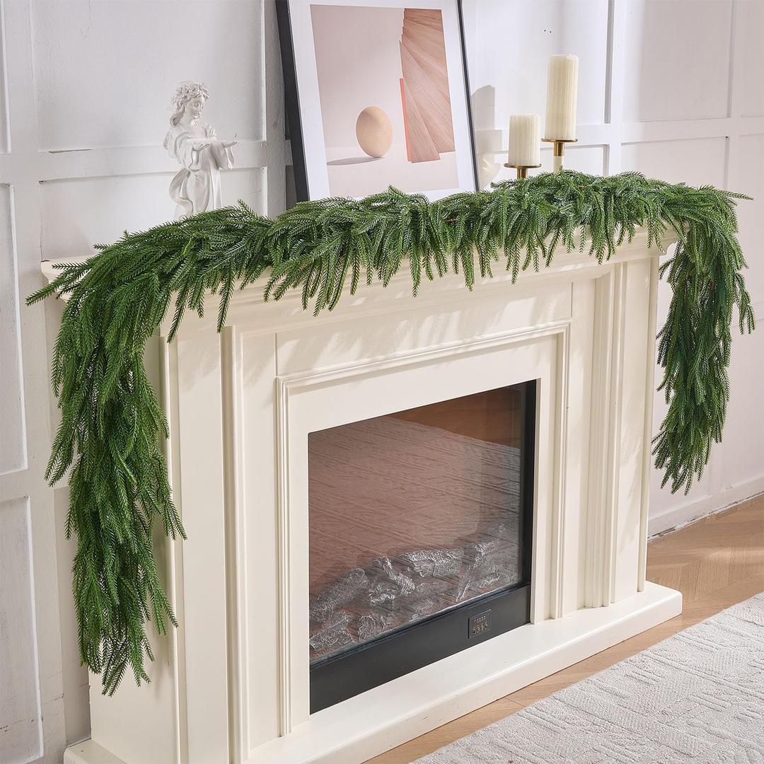 2Pcs 6FT Norfolk Pine Garlands Realistic, Real Touch Winter Xmas Garland, Christmas Decorations Indoor Outdoor, Artificial Holiday Decor Faux Greenery for Mantle, Fireplace, Table