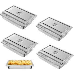 Hotel Pan, Full Size Steam Table Pan 4" Deep Stainless Steam Table Pan with Lid Full Size Food Pan 20.8" L x 13" W Anti Jam Stainless Steel Buffet Pan Commercial Stainless Steel Pan (4 Pack) (1/1 Size 4" Deep 4 Pack)