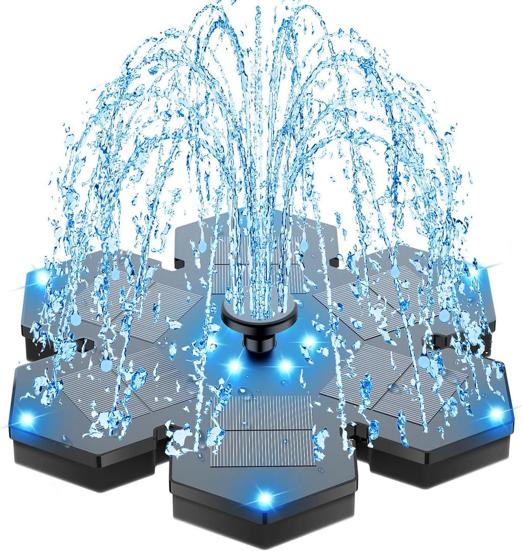 SZMP Solar Fountain Upgraded, 3.5W Snowflake Double Layer Colorful Lights, 2000mAh Battery 4 Fixes & 7 Nozzles, Solar Bird Bath Fountain for Garden Patio Pond Outdoor Dcor