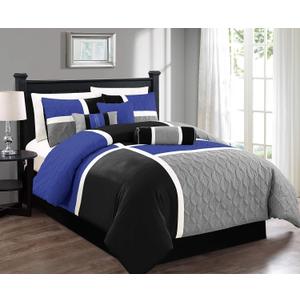 Chezmoi Collection Upland 7-Piece Quilted Patchwork Comforter Set, Blue/Black/Gray, Queen
