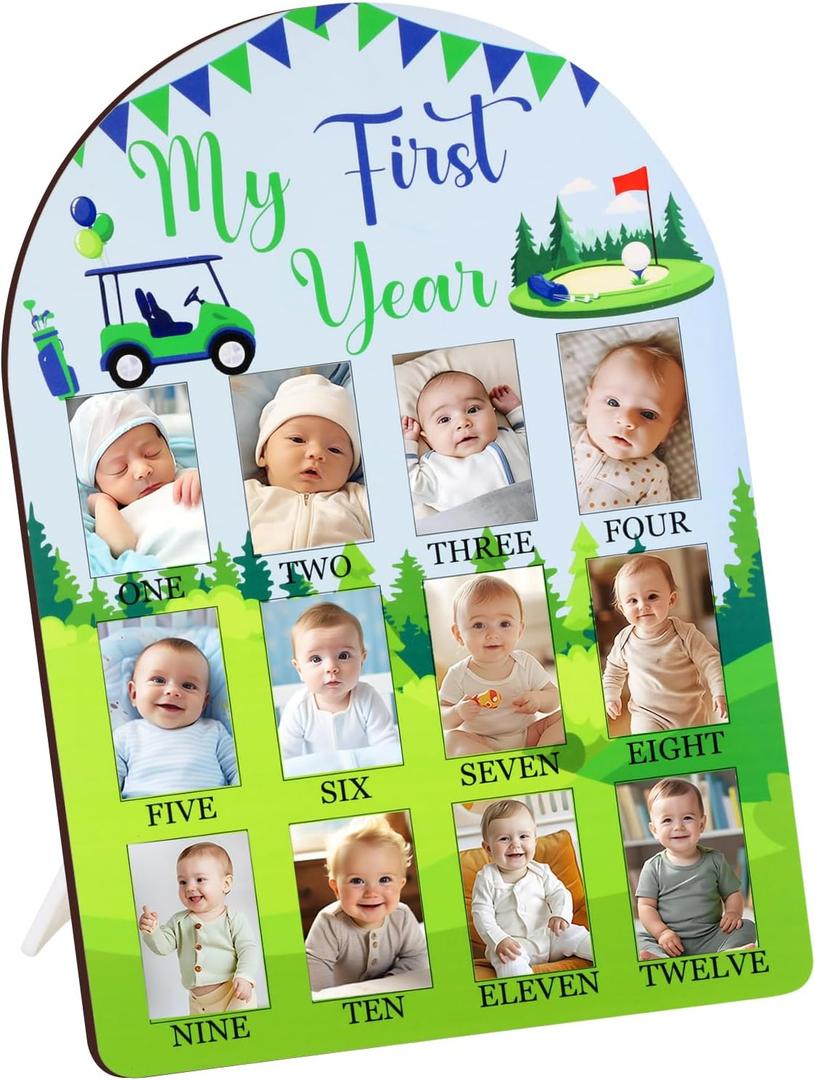 Golf Themed My First Year Photo Frame, Baby's First Year Picture Frame, 12 x 17 Inch Newborn 12 Months Gender Neutral Baby Milestone Memories Display Wood Board for 1st Birthday Decorations Keepsake Gift (green and blue)