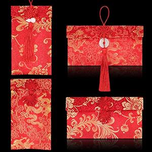 3 Pieces Silk Red Envelope Chinese Red Pocket Lucky Money Hong Bao Card Envelope for Spring Festival Wedding New Year Birthday, 3 Styles with Chinese Knot Jade Pendant Copper Coin (3)