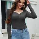 Amoretu Women's Henley Long Sleeve V Neck Shirts Slim Fitted Side Ruched Button Tops (Gray, S)