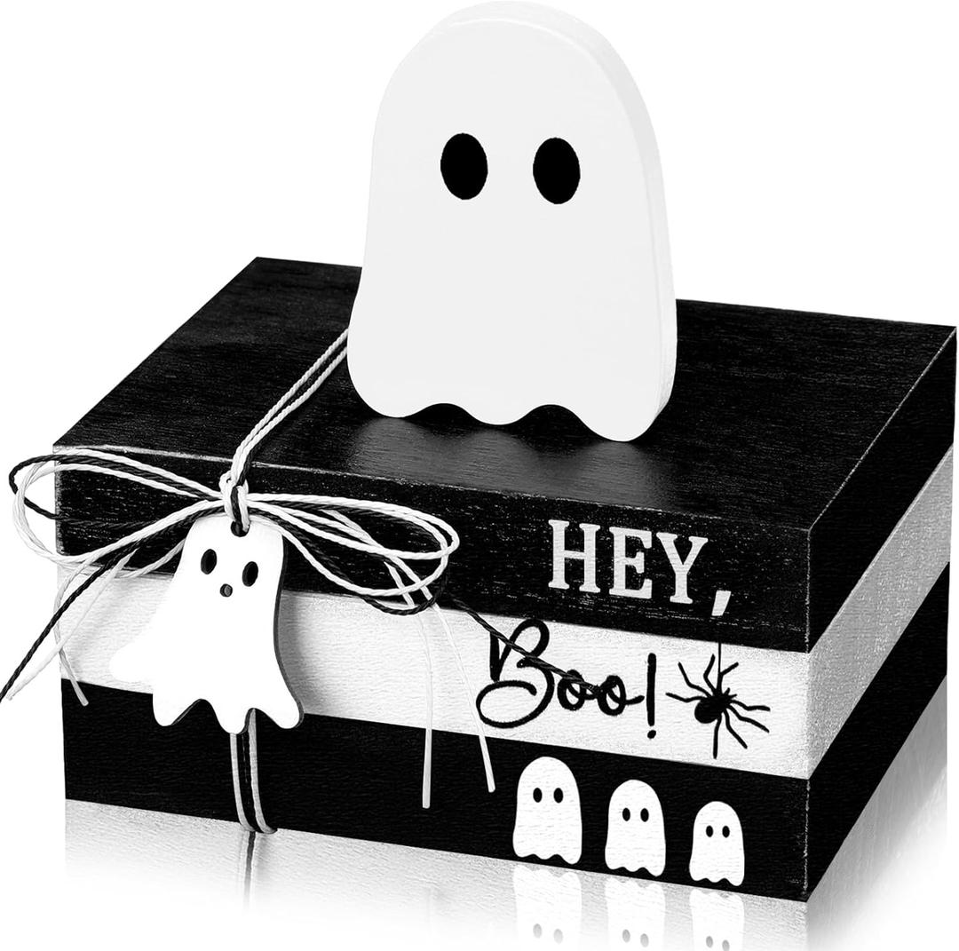 4 Pcs Halloween Ghost Table Decorations Rustic Distressed Ghost Wooden Signs Farmhouse Halloween Tiered Tray Decor Mini Book Stack Centerpiece for Home Office Desk Shelf Mantel(White) (Black and White)