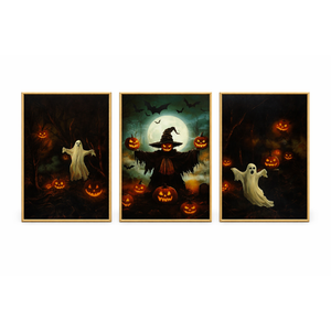 Spooky Halloween Ghost Lighted Pumpkin Framed Canvas Wall Art Set,Gothic Inspired Cute Black Cat Witch Hat Wall Decor,Vintage Foggy Forest Castle Artwork for Living Room, Bedroom-16 x24 x1