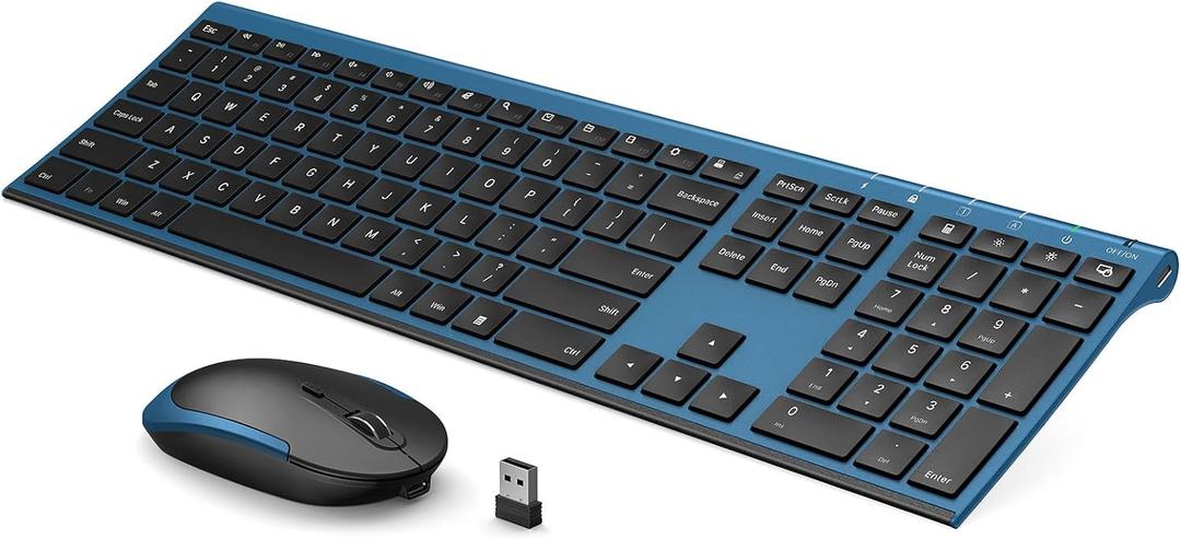 Wireless Keyboard and Mouse, Vssoplor 2.4GHz Rechargeable Quiet Full-Size Keyboard and Mouse Combo with Nano USB Receiver for Windows, Laptop, PC, Notebook-Black and Blue (Sapphire Blue)