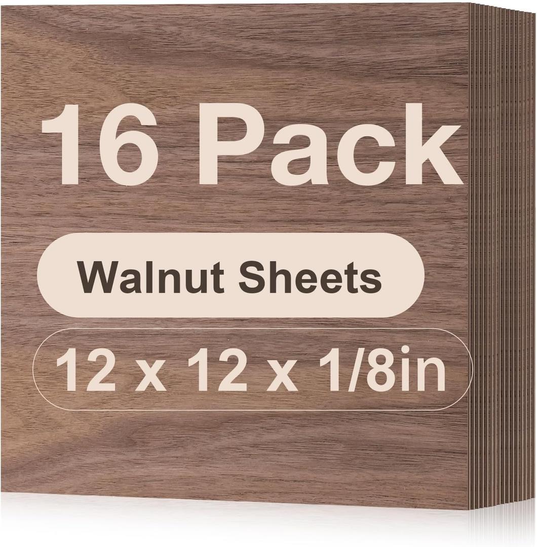 ROBOTIME 16-Pack Walnut Plywood for Laser Cutting - 12 x 12 x 1/8 Inch Laser Engraving Blanks - 3mm Wood for Laser Cutting, Engraving & Wood Burning (Pyrography) - Unfinished Wood for Crafts