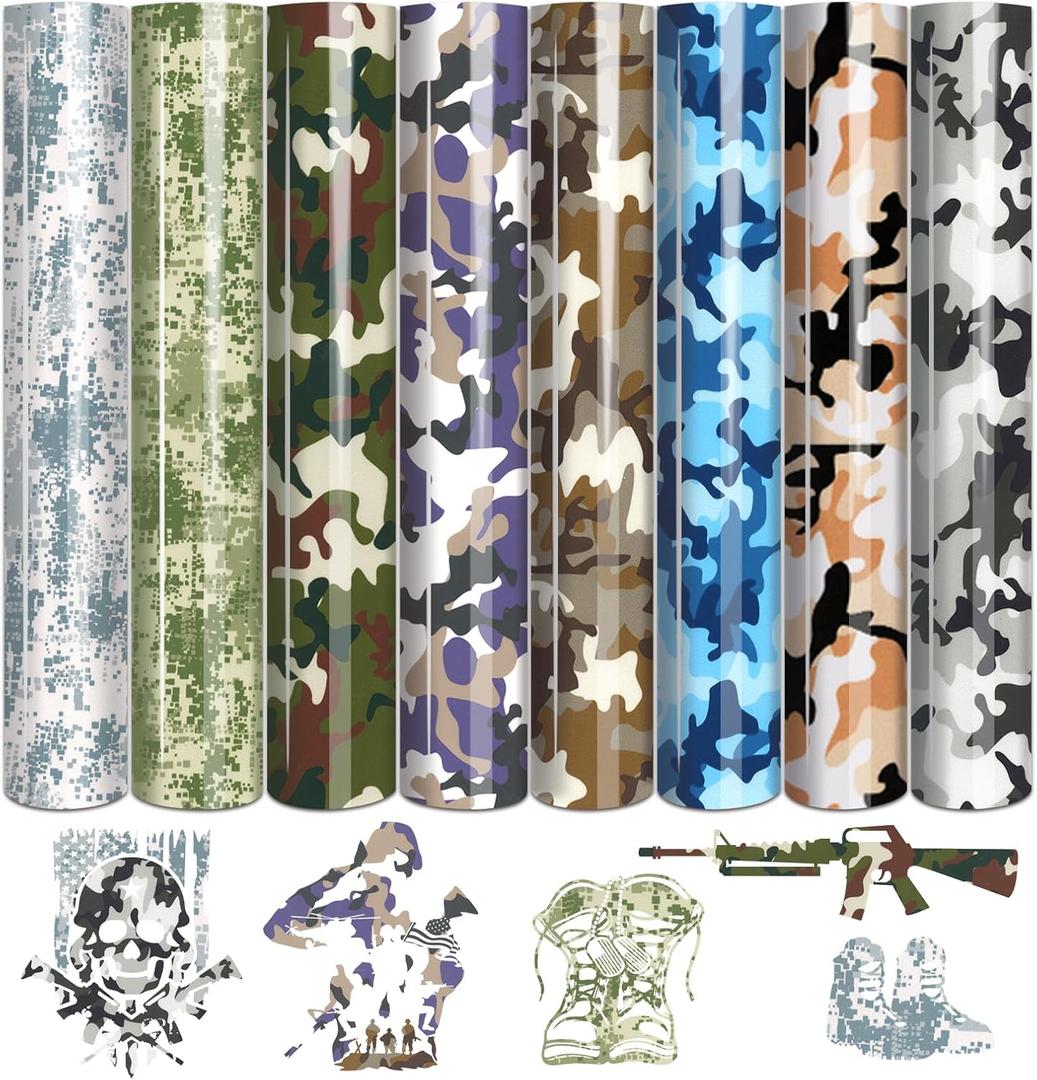 Tintnut Camo Heat Transfer Vinyl - 8 Sheets 12 x 10 inch PU Army Pattern Iron on Vinyl Camouflage Pattern Printed HTV DIY T-Shirt Canvas Bags for Cricut or Silhouette Cameo