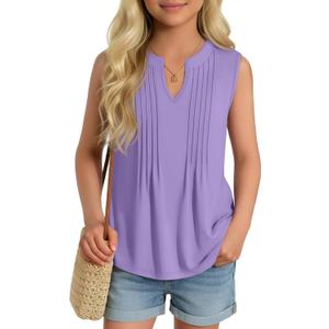 Ficerd Girl's Tank Tops V Neck Sleeveless Summer Shirts Kids Pleated Loose Blouse Dressy Casual Curved Hem Tees 5-14 Years (Purple)