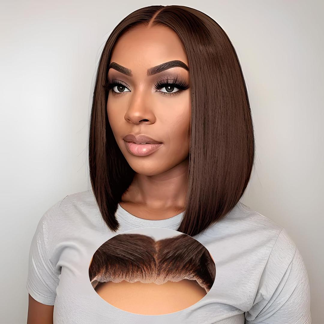Brown Wear and Go Glueless Wigs Human Hair Pre Plucked Pre Cut 18 Inch 9x6 Chocolate Brown Glueless Bob HD Lace Closure Wig Bleached Knots Short Brown Straight Wig 180% Density for Women
