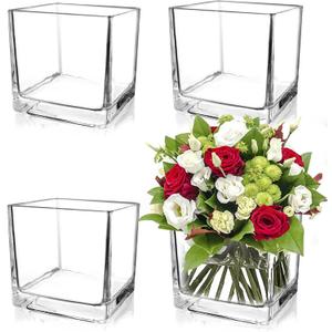 Set of 4 Square Glass Vases 5" x5" x 5", Clear Cube Flower Vases for Wedding Centerpieces, Candle Holders for Home Decor Party Events Ceremony