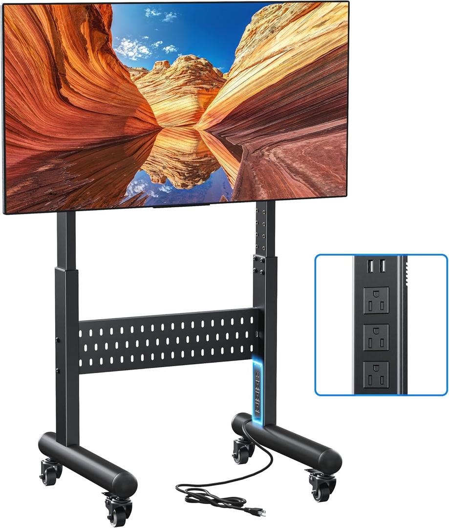 Afaloona Commercial Rolling TV Stand with Power Outlet, Mobile TV Cart with Lockable Wheels for 32-65 Inch TVs up to 176 lbs, Height Adjustable with Pegboard Storage, Max VESA 600x400mm