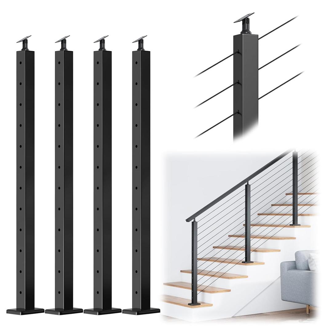 Muzata 4Pack Black Stair Cable Railing Post 42 Inch for 25-35 Degrees Stair 42"x2"x2" Surface Mount T304 Stainless Steel Cable Railing System Kit Indoor Outdoor with Paper User Guide PS01 BA4L