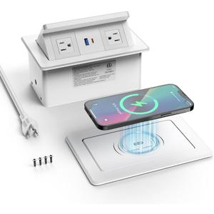 QBA Pop up Power Outlet with 15W Wireless Charger, Recessed Power Strip with USB-C PD 20W, 2 Outlets, Desk Charging Station for Conference Room Kitchen Countertop, ETL Listed (White)