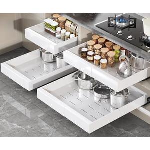 Seinloes 1qty Pull Out Cabinet Organizer 21" Deep, Full Extension 3 Slide Rails Slide Out Drawers With Raising Pad for Framed Cabinets, Expandable Width (12.3"-20.5"),No Drill Roll Out Shelves, White
