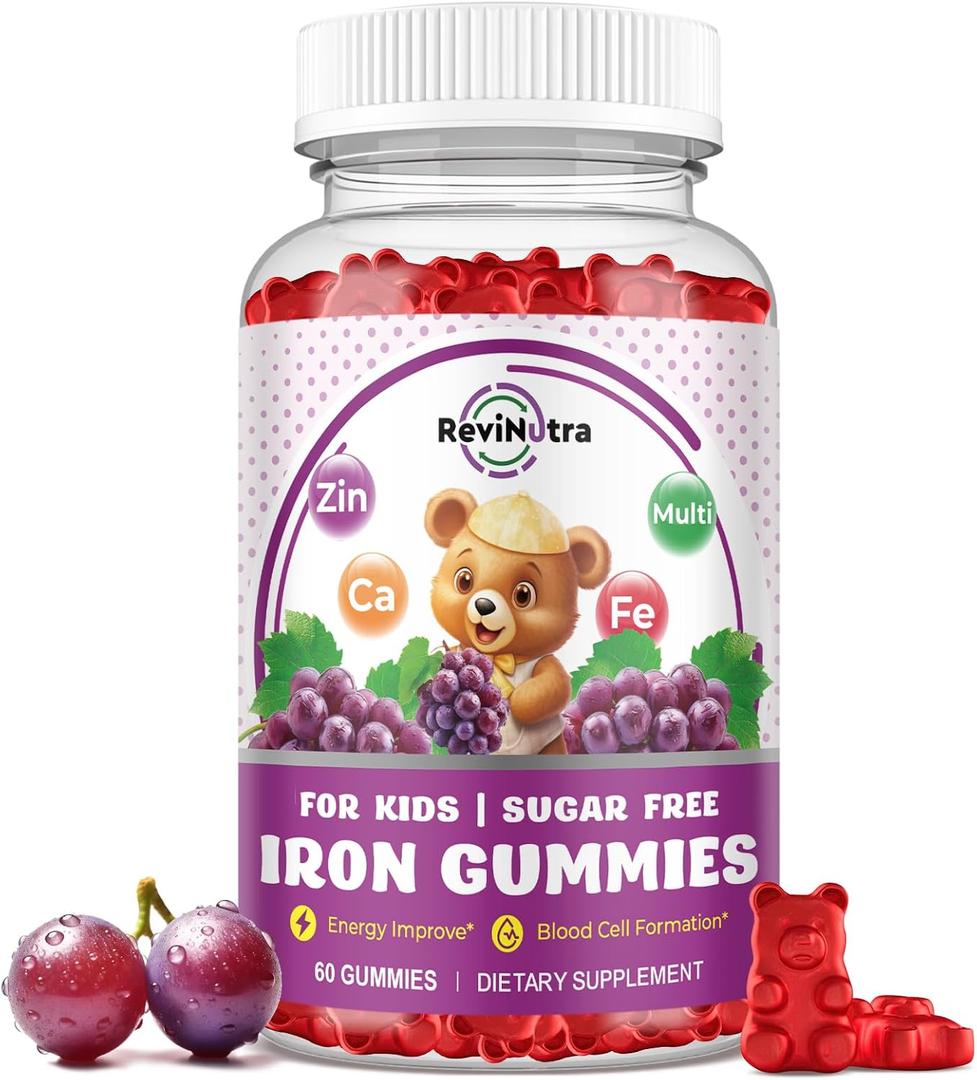 Iron Supplement Gummies for Kids - with Calcium, Zinc, Kids Multivitamin with Iron Gummies - Immune Support, Blood Builder & Energy Support for Iron Deficiency, Anemia, Vegan - 60 Count Grape Flavor EXP: 09-20-27