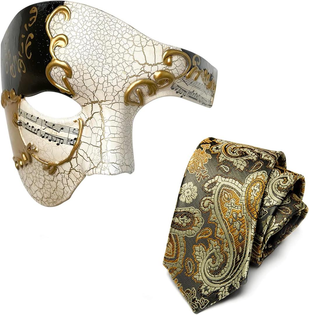 HyperFun Mens Masquerade Phantom of The Opera Mask and Silk Necktie Set - Venetian Half Face Ball Mask for Costume Parties (Earl of Black Gold)