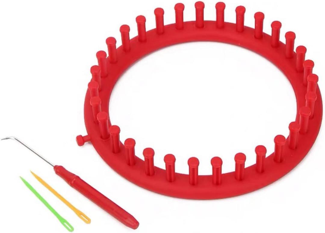 Katech Round Knitting Looms Set 19 cm Diameter Red Plastic Weaving Looms Scarf Hats Making Tools DIY Crocheting Handmade Craft Kit with a Crochet Hook and Needle for Knitting Lovers (Red)