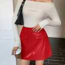 Yousify Womens Faux Leather Mini Skirts High Waisted A-Line Fall Short Skirt with Pockets (Red)