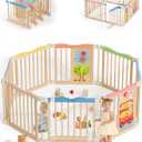 Foldable Wooden Playpen, 55 x 55 x 24 inches, Animal Bus, Colorful