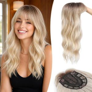 Hair Toppers for Women with Thinning Topper Hair Pieces Wispy Clip in Bangs | 6.5''x6.5'' 18 Inch Curly Wavy Synthetic Hair - Ash Blonde Mix Highlights with Brown Root, French Bangs
