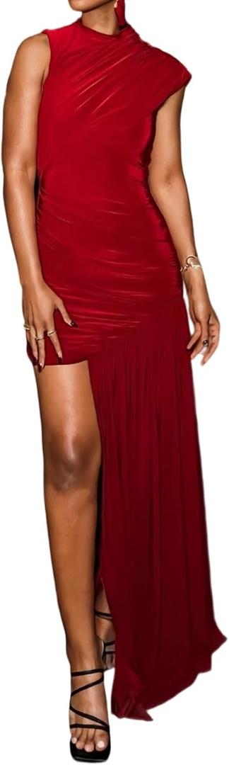 Kwunbwa Women's Sleeveless Ruched Maxi Dress Sexy Irregular Bodycon Casual Elegant Club Party Cocktail Long Dresses (Medium, Red)