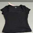 QINSEN Women's Square Neck Short Sleeve T Shirts Double Lined Basic Tee Slim Fit Tops (Large, Black)