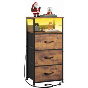 WLIVE Nightstand with Charging Station, 31.9" H Nightstand with 3 Fabric Drawers, LED Bedside Table with USB Ports and Outlets, End Table for Dorm, Bedroom, Entryway, Rustic Brown (Rustic Brown Wood Grain Print)