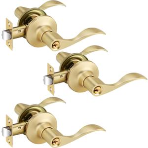 3 Pack Brass Door Knobs, Keyed Alike Door Handles, Door Knobs Interior, Bedroom Lockable Door Knob, Entry Door Handle for Living Room, Wave Door Lever, Right Handing Door Handles