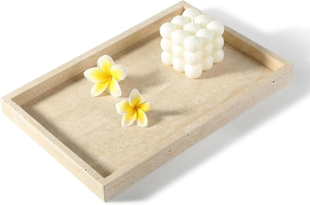 Koville Roman Travertine Tray, 12x8 Coffee Table Vanity/Decorative Tray for Jewerly, Watch, Perfume Candle Storage for Bedroom/Bathroom/Kitchen Countertop