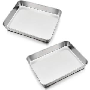 P&P CHEF 9.3 Inch Stainless Steel Sheet Cake Pan, Rectangular Baking Pan for Lasagna Brownie Meats, Cookie Tray Fits in Toaster Oven, Easy Clean & Heavy Duty (2Pcs)