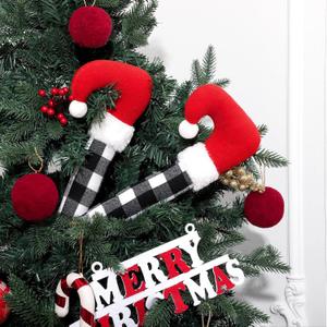 Aoriher Christmas Elf Legs Buffalo Plaid Elf Feet Tree Toppers Christmas Decorations Plush Stuffed Leg with Fixed Wire Tree Topper Festive Decorative Ornaments for Holiday Party(White Black)