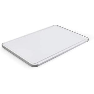 KitchenAid Classic Plastic Cutting Board with Perimeter Trench and Non Slip Edges, Dishwasher Safe, 12 inch x 18 inch, White and Gray