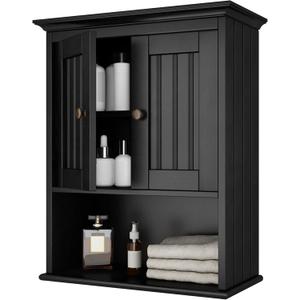 Treocho Wood Wall Cabinet Bathroom Medicine Cabinet Storage with Doors and Adjustable Shelf Wall Mount for Bathroom, Livingroom, Kitchen, Cupboard, Black