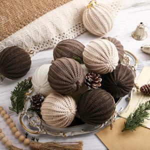 12 Pcs Neutral Christmas Ornaments, 3.15 Inch Brown Crochet Christmas Balls Modern Rustic Handmade Knitted Woven Cotton Baubles for Xmas Tree Farmhouse Holiday Decor (Light Beige, Tan, Brown, White)