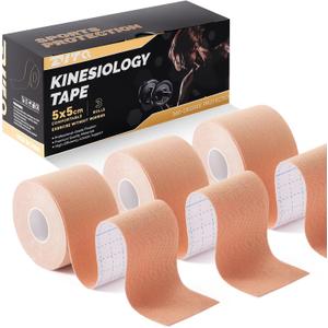 Kinesiology Tape (3 Rolls) - Acrylic Adhesive Muscle Tape - Waterproof, Breathable, Hypoallergenic for Muscle Support & Injury Recovery - Sports Tape, Athletic Tape (Beige)