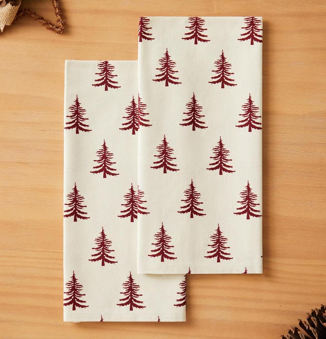 YZJZEDS 100% Cotton Christmas Kitchen Towels Set of 2, Winter Xmas Decorative Dish Towels with Hanging Loop 18x25 Inch Absorbent Reusable Cotton Cleaning Cloths,Burgundy