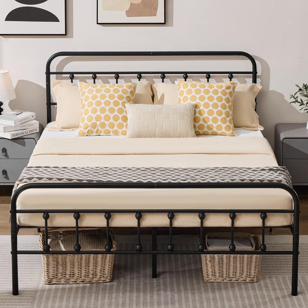 BDEUS Vintage Queen Metal Platform Bed Frame with Headboard and Footboard