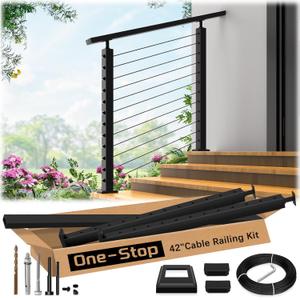 2ft-4ft Complete Set 33° Drilled Cable Railing System 42" with Handrail Adjustable, T304 Stainless Steel Black Angle Cable Railing Posts Kit with 1/8" Cable Railing Hardware for 25-35° Step