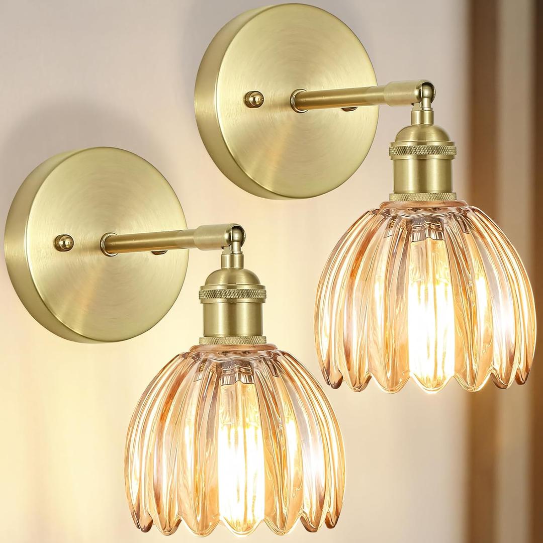 Hardwired Wall Sconces Set of Two, Vintage Wall Lights with Amber Tulip Glass Lampshade, Gold Wall Lamps for Bedroom Bedside Stairway Bathroom Living Room (Bulbs Not Included, Not Battery Powered)
