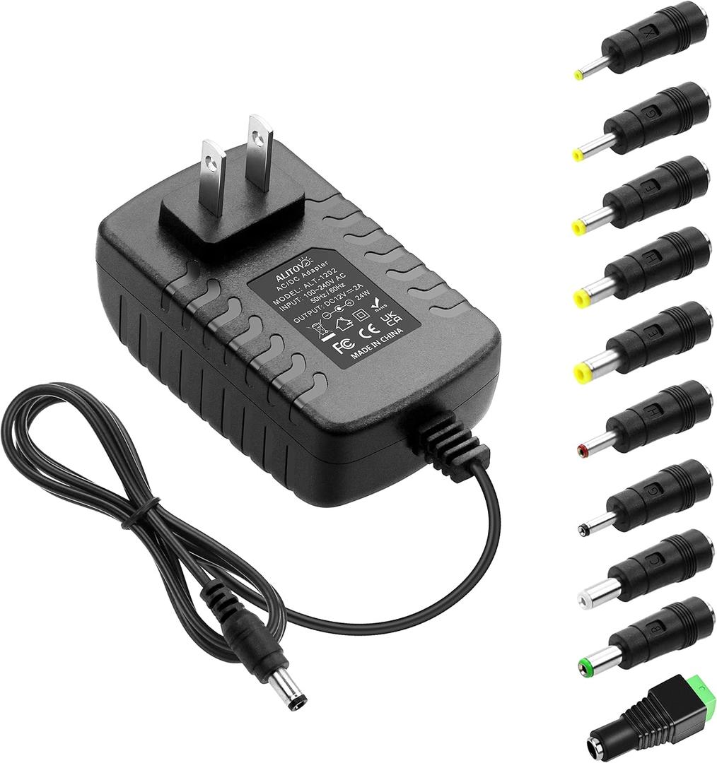 ALITOVE 12V Power Supply 2A AC Adapter 100-240V 50-60HZ with 10 Tips, 12 Volt 2000mA Replacement Power Cord for LED Strip Light, CCTV Camera, BT Speaker, GPS, Webcam, Router, DC12V Transformer (4.9ft)