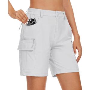 MAGCOMSEN Women's 7" Hiking Golf Shorts 6 Pockets Lightweight Quick Dry Outdoor Casual Cargo Shorts Water Resistant (White, L)