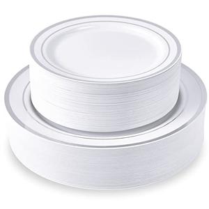 JollyPack 100 Piece Disposable Silver Plastic Party Plates, Including 50 10 Inch Dinner Plates and 50 7 Inch for Dessert, Great for Parties, Weddings, Home Use, and Christmas