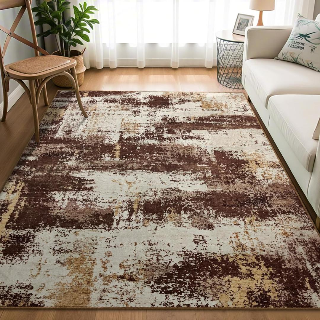 4x6 Area Rug, Modern Abstract Carpet for Bedroom, Soft Washable Rugs for Living Room, Non Slip Thin Low Pile Floor Carpets for Dorm Dining Room Entryway Office Decor, Brown