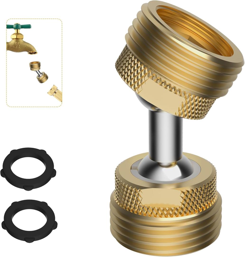 iFealClear Garden Hose Adapter, Swivel Brass Garden Hose Protector Connector, 3/4" GHT Flexible Pipe Kink Protector to Outdoor Faucet, Male to Male, Dual Rotation at Both Ends